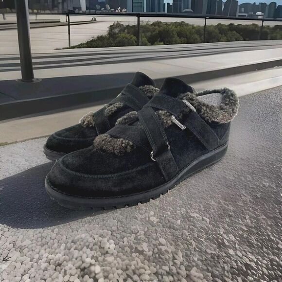 Stuart Weitzman Black Leather Suede Shoes US 8 Fur Sherpa Lined Sneaker Booties - Picture 1 of 11
